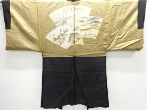 アンティーク　地紙に風景・文字模様織出し緞子肩裏紋付羽二重男物羽織